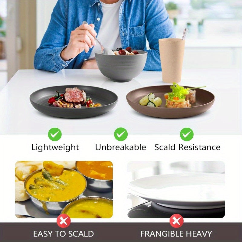 16/ 32pcs Black Kitchen Plastic Wheat Straw Dinnerware Set, Service for 4/ 8, Unbreakable Modern Dish Set - Dinner Plate/ Dessert Plate/ Cereal Bowl/ Cup, Dishwasher and microwave safe, lightweight tableware, perfect for camp