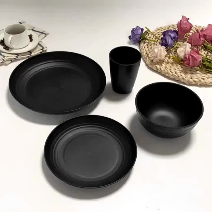 16/ 32pcs Black Kitchen Plastic Wheat Straw Dinnerware Set, Service for 4/ 8, Unbreakable Modern Dish Set - Dinner Plate/ Dessert Plate/ Cereal Bowl/ Cup, Dishwasher and microwave safe, lightweight tableware, perfect for camp