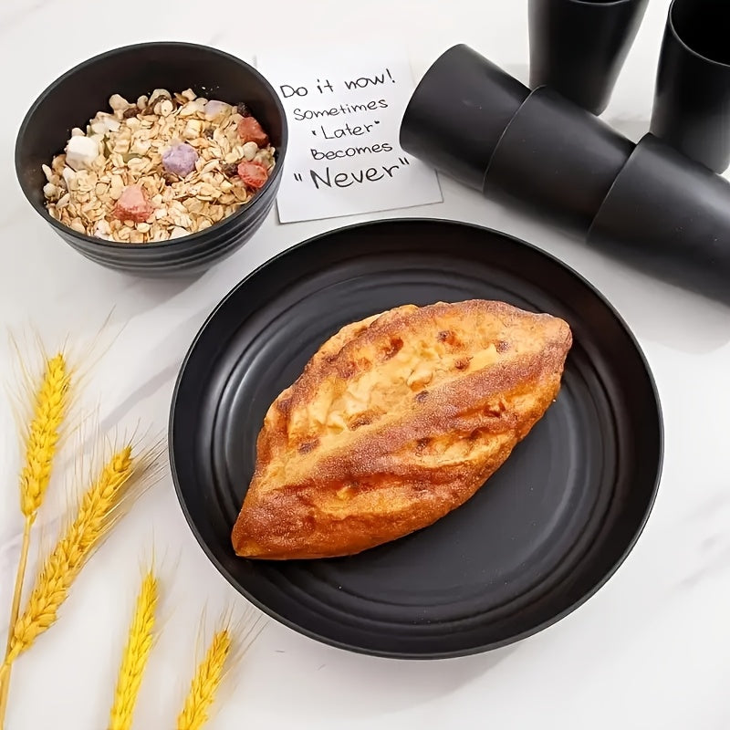 16/ 32pcs Black Kitchen Plastic Wheat Straw Dinnerware Set, Service for 4/ 8, Unbreakable Modern Dish Set - Dinner Plate/ Dessert Plate/ Cereal Bowl/ Cup, Dishwasher and microwave safe, lightweight tableware, perfect for camp