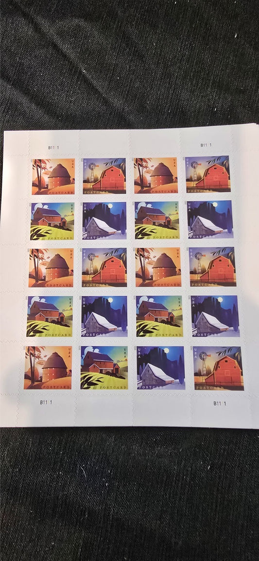 American Barns Pane of 20 Postcard Rate Forever Stamps
