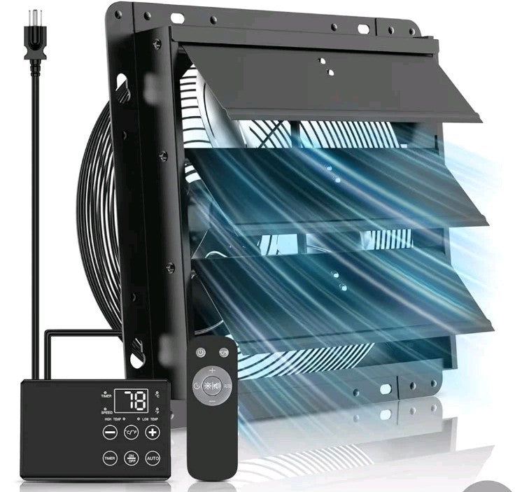 Windigaga 12in Shutter Exhaust Fan Remote Thermostat Black