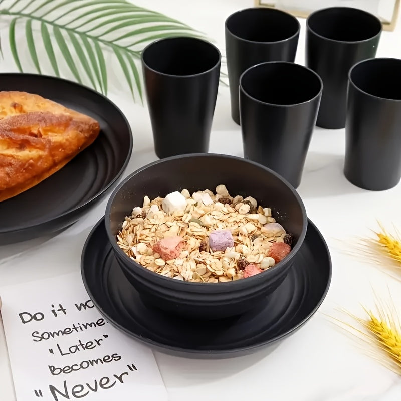 16/ 32pcs Black Kitchen Plastic Wheat Straw Dinnerware Set, Service for 4/ 8, Unbreakable Modern Dish Set - Dinner Plate/ Dessert Plate/ Cereal Bowl/ Cup, Dishwasher and microwave safe, lightweight tableware, perfect for camp