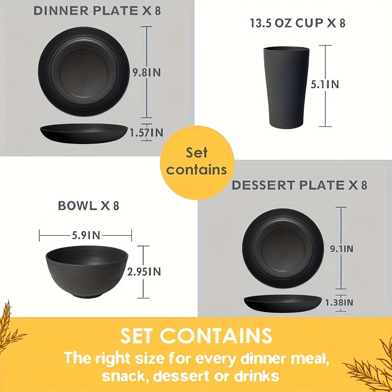 16/ 32pcs Black Kitchen Plastic Wheat Straw Dinnerware Set, Service for 4/ 8, Unbreakable Modern Dish Set - Dinner Plate/ Dessert Plate/ Cereal Bowl/ Cup, Dishwasher and microwave safe, lightweight tableware, perfect for camp