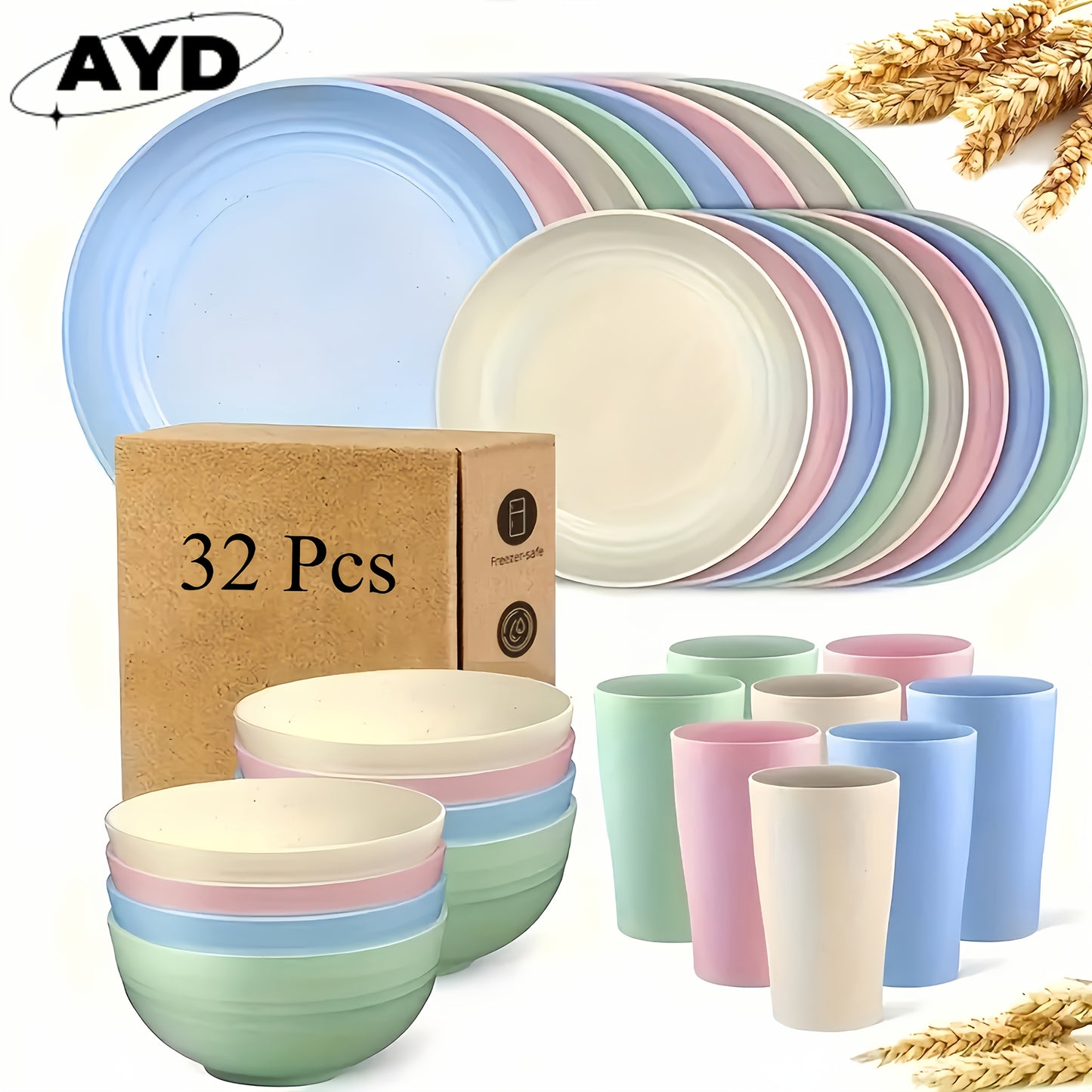 16/ 32pcs Black Kitchen Plastic Wheat Straw Dinnerware Set, Service for 4/ 8, Unbreakable Modern Dish Set - Dinner Plate/ Dessert Plate/ Cereal Bowl/ Cup, Dishwasher and microwave safe, lightweight tableware, perfect for camp