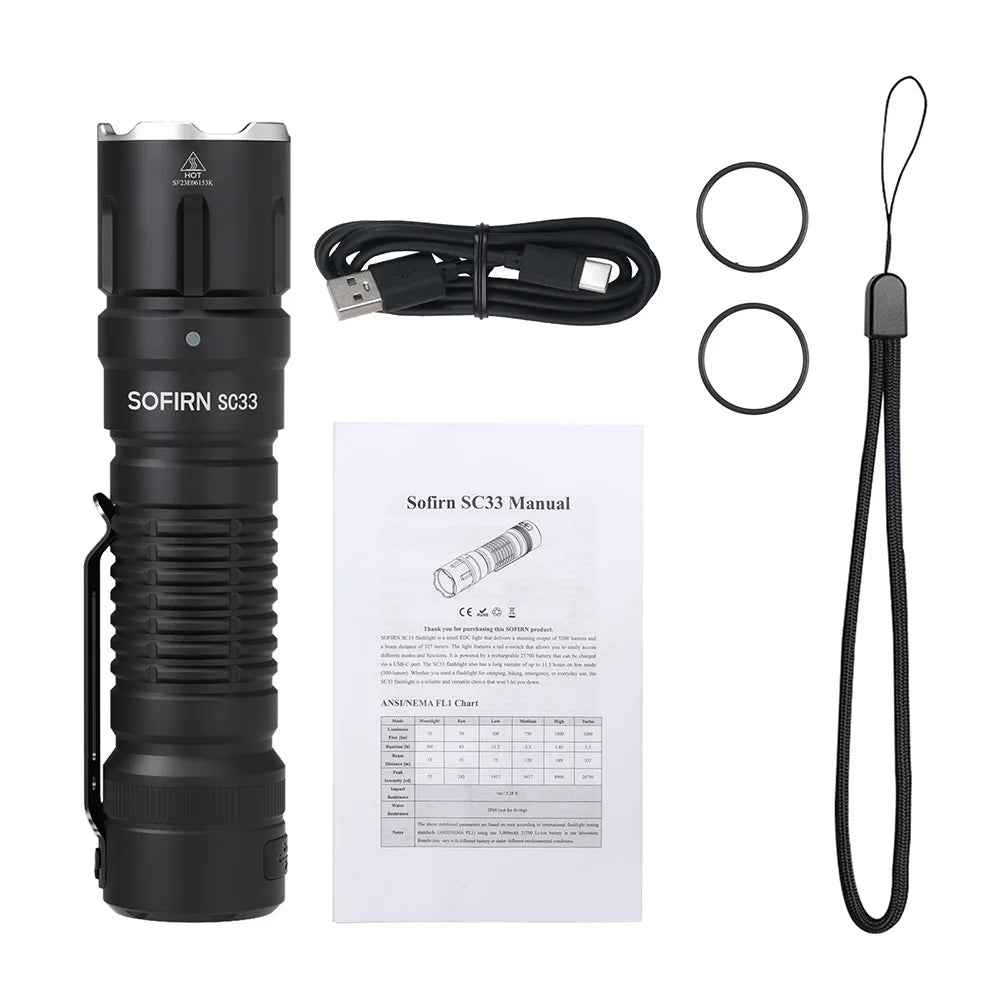 Sofirn SC33 LED Tactical Flashlight XHP70.3 HI 5200lm Powerful 21700 Type C Rechargeable Torch E-switch Outdoor Light