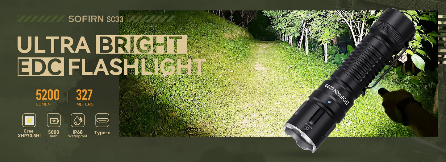 Sofirn SC33 LED Tactical Flashlight XHP70.3 HI 5200lm Powerful 21700 Type C Rechargeable Torch E-switch Outdoor Light