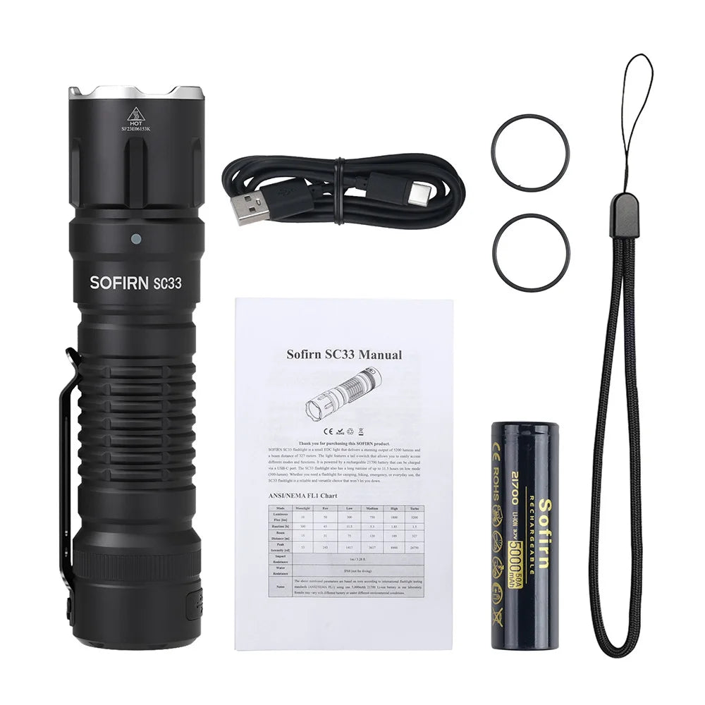 Sofirn SC33 LED Tactical Flashlight XHP70.3 HI 5200lm Powerful 21700 Type C Rechargeable Torch E-switch Outdoor Light
