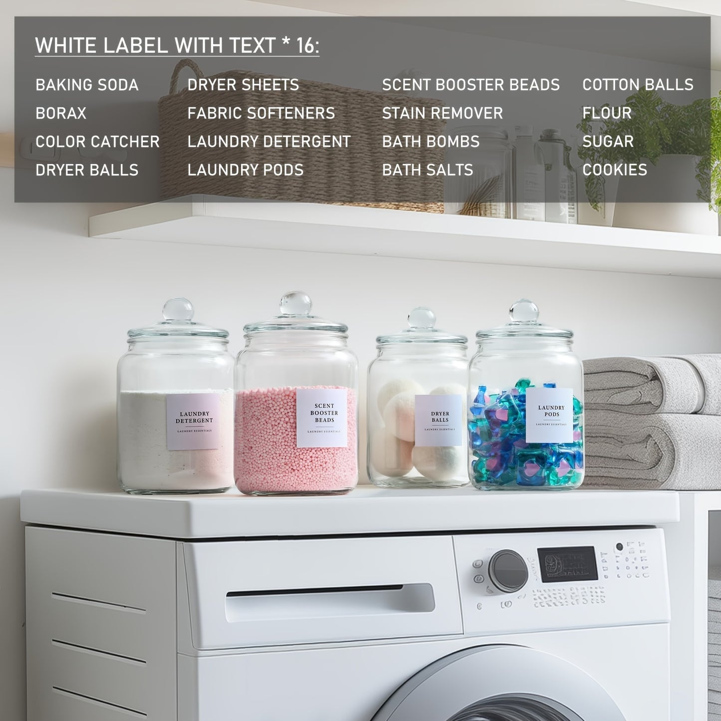 Durable & Versatile 4pcs Airtight Glass Storage Jars with Lids & Labels - Perfect for Laundry Detergent, Pods, Scent Booster Beads & More - Includes 4 Spoons, Organizer for Kitchen, Bathroom & Laundry Room, Canisters