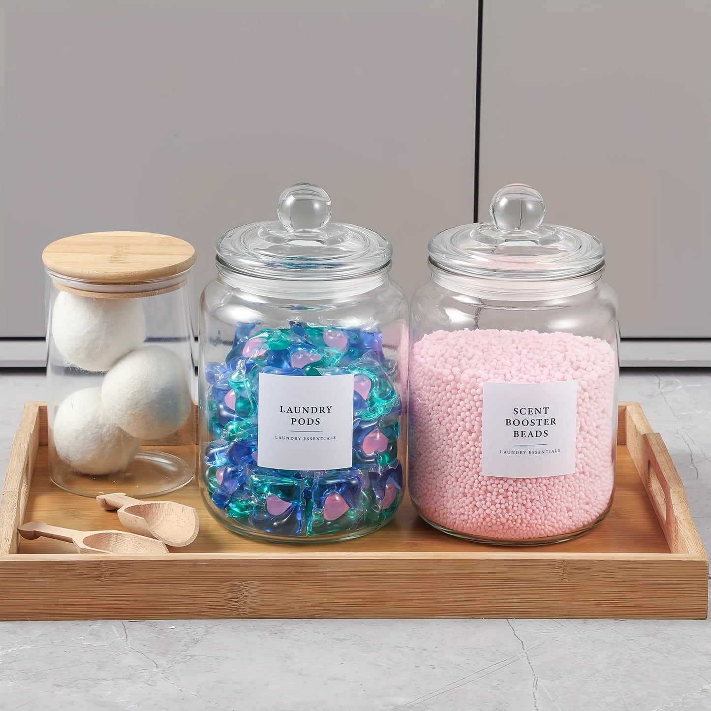 Durable & Versatile 4pcs Airtight Glass Storage Jars with Lids & Labels - Perfect for Laundry Detergent, Pods, Scent Booster Beads & More - Includes 4 Spoons, Organizer for Kitchen, Bathroom & Laundry Room, Canisters