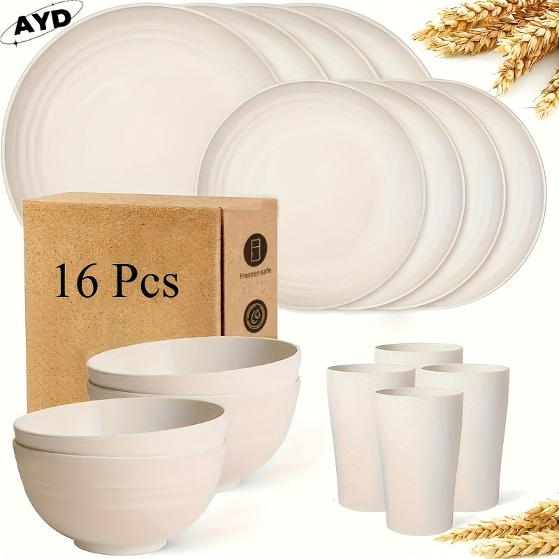 16/ 32pcs Black Kitchen Plastic Wheat Straw Dinnerware Set, Service for 4/ 8, Unbreakable Modern Dish Set - Dinner Plate/ Dessert Plate/ Cereal Bowl/ Cup, Dishwasher and microwave safe, lightweight tableware, perfect for camp