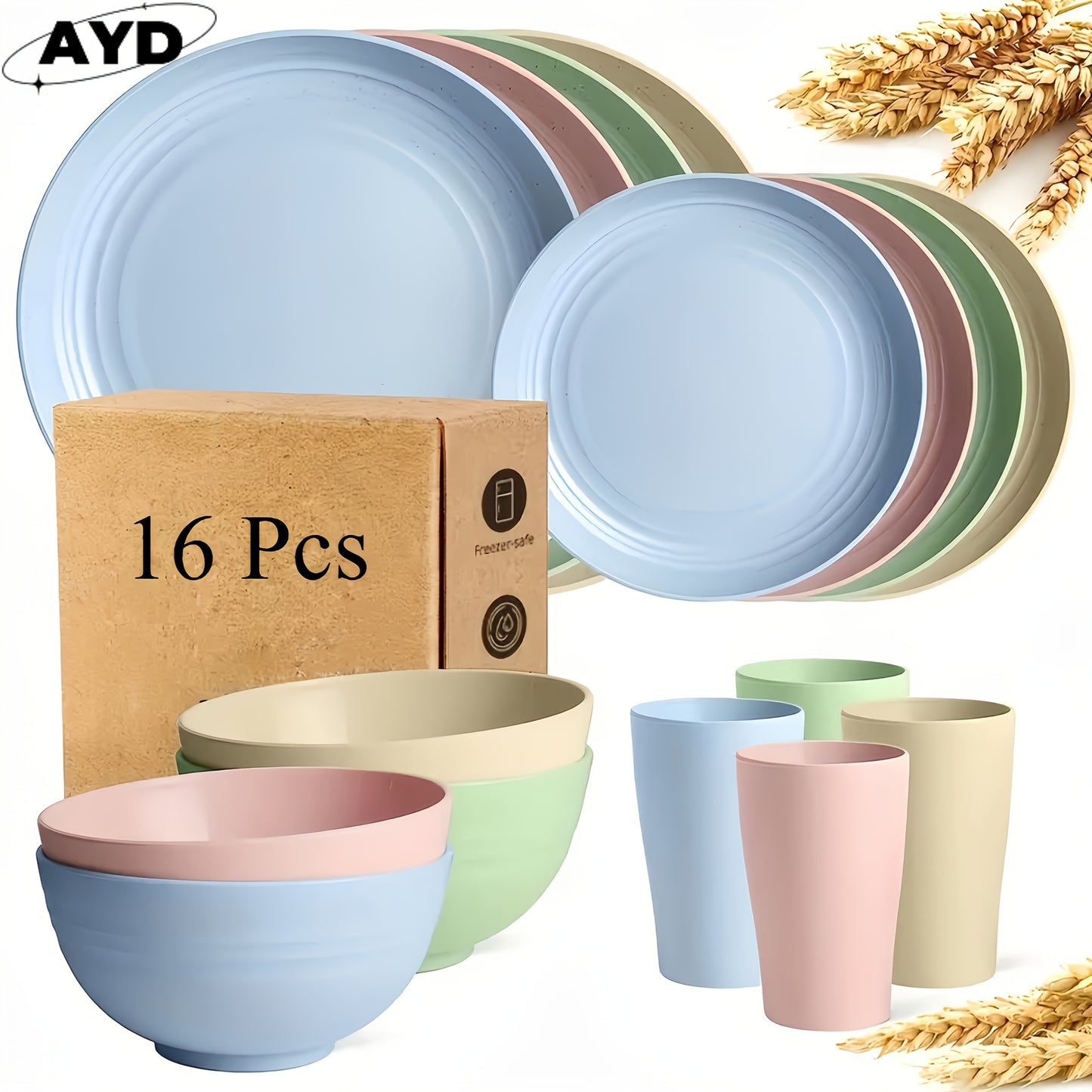 16/ 32pcs Black Kitchen Plastic Wheat Straw Dinnerware Set, Service for 4/ 8, Unbreakable Modern Dish Set - Dinner Plate/ Dessert Plate/ Cereal Bowl/ Cup, Dishwasher and microwave safe, lightweight tableware, perfect for camp