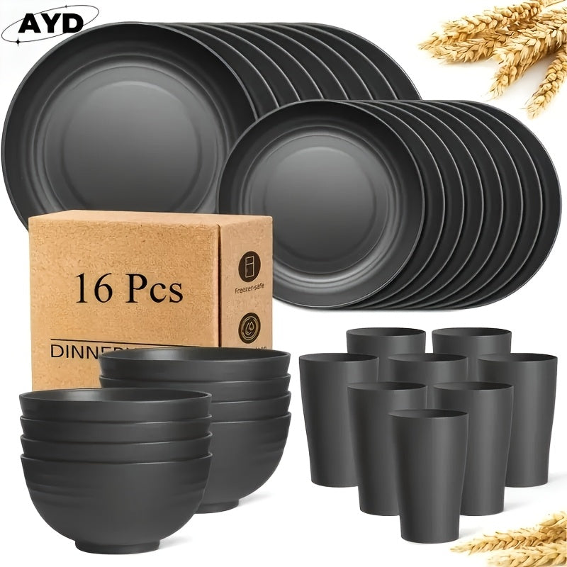 16/ 32pcs Black Kitchen Plastic Wheat Straw Dinnerware Set, Service for 4/ 8, Unbreakable Modern Dish Set - Dinner Plate/ Dessert Plate/ Cereal Bowl/ Cup, Dishwasher and microwave safe, lightweight tableware, perfect for camp