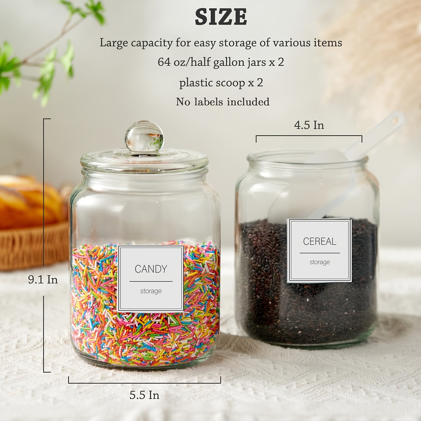 [Large Glass Jars with Lids] Set of 4 Half Gallon Large Glass Jars - Airtight Storage Clear Containers for Kitchen, Laundry Room and Pantry Food Organization