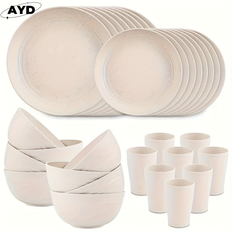 16/ 32pcs Black Kitchen Plastic Wheat Straw Dinnerware Set, Service for 4/ 8, Unbreakable Modern Dish Set - Dinner Plate/ Dessert Plate/ Cereal Bowl/ Cup, Dishwasher and microwave safe, lightweight tableware, perfect for camp