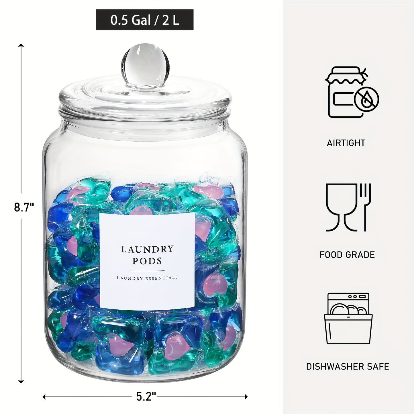 Durable & Versatile 4pcs Airtight Glass Storage Jars with Lids & Labels - Perfect for Laundry Detergent, Pods, Scent Booster Beads & More - Includes 4 Spoons, Organizer for Kitchen, Bathroom & Laundry Room, Canisters