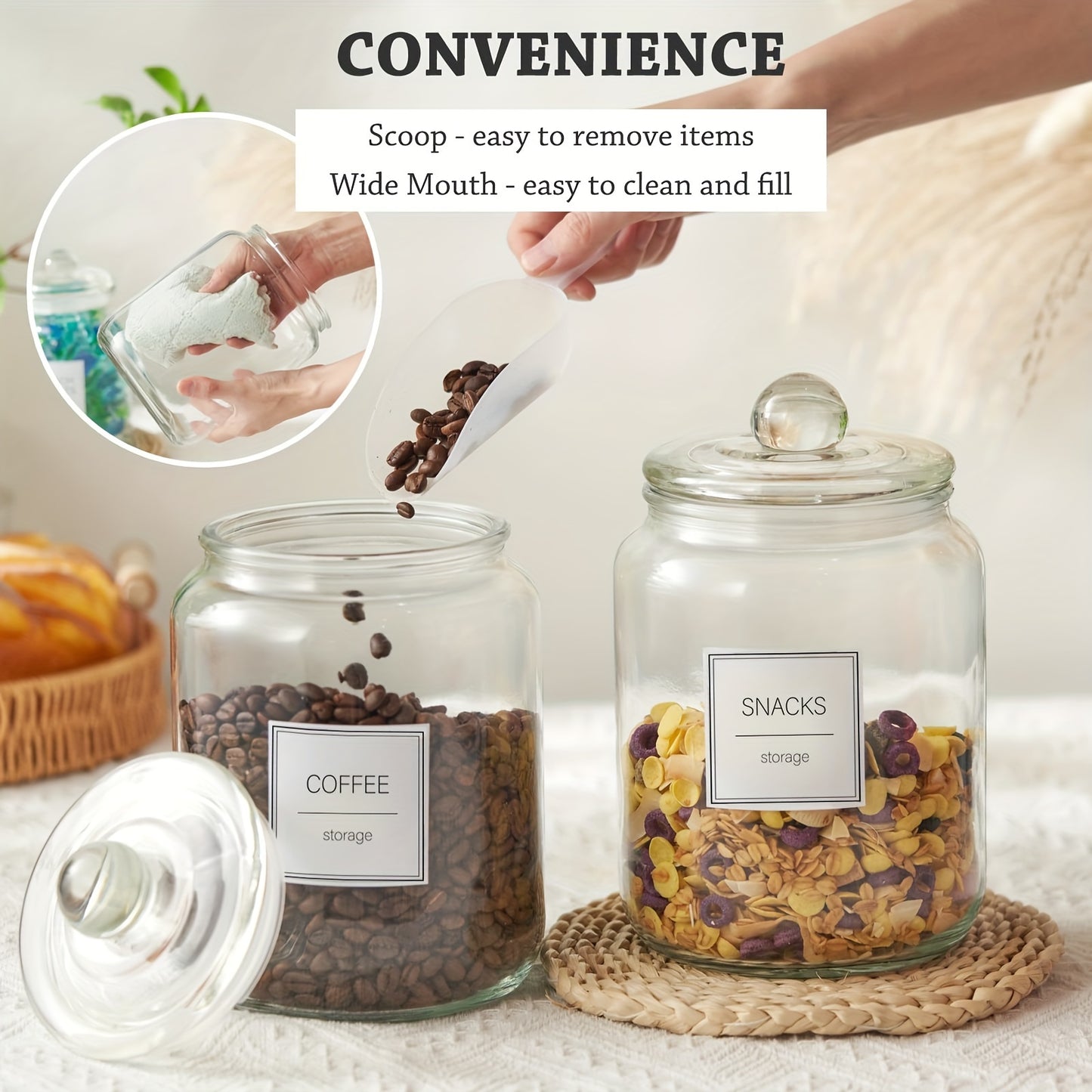 [Large Glass Jars with Lids] Set of 4 Half Gallon Large Glass Jars - Airtight Storage Clear Containers for Kitchen, Laundry Room and Pantry Food Organization