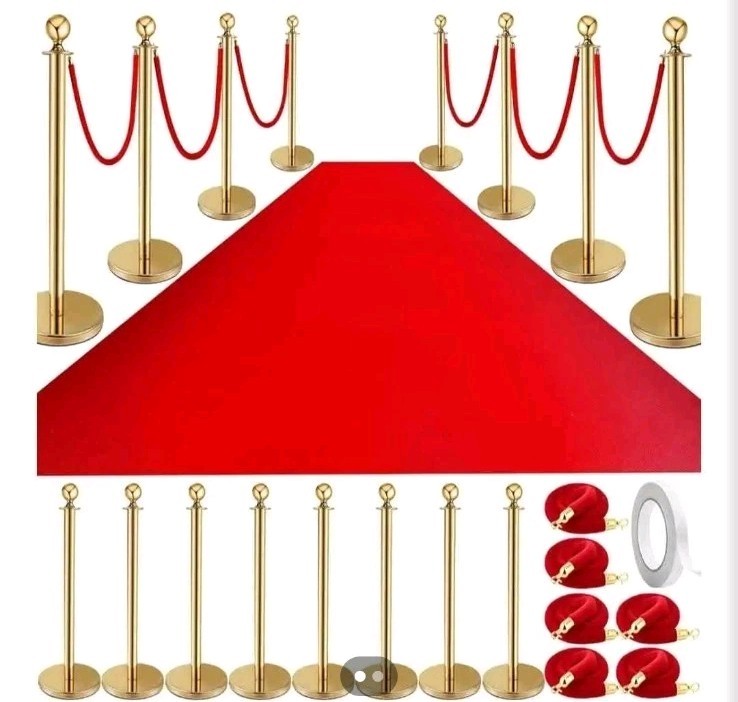 Red Carpet Set Barrier Posts w/ Gold Stanchions & Red Velvet Ropes