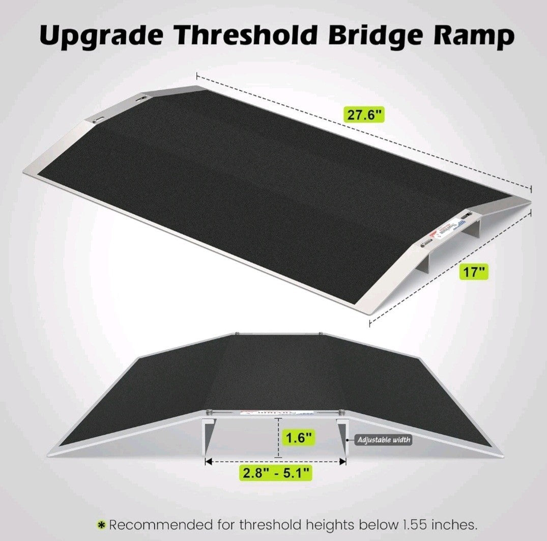 27.6"L × 1.6"H Wheelchair Bridge Threshold Ramp for Doorways, Fits 2.8"–5.1" W