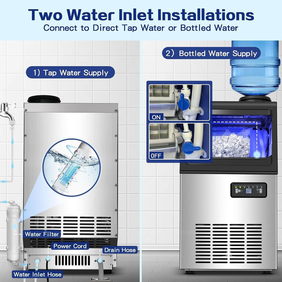 Amzgachfktch Commercial Ice Maker, 110lbs/24H Under Counter Ice Maker with 2 Wat