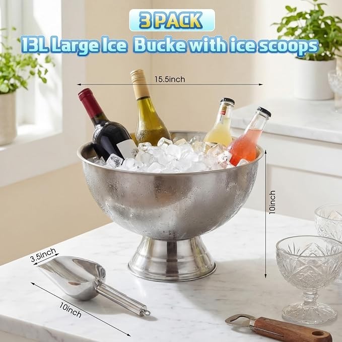 eekoo 3 Pack 13L Large Ice Bucket, Silver Stainless Steel Champagne Buckets