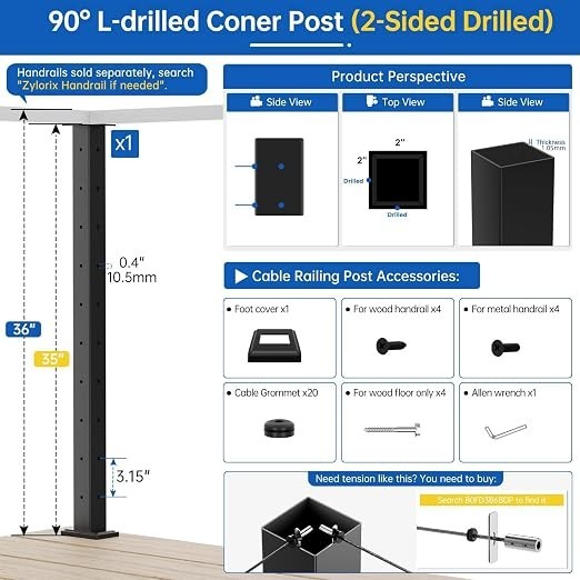 1 Pack 36" Modular Swageless Cable Railing Corner Post, L-drilled