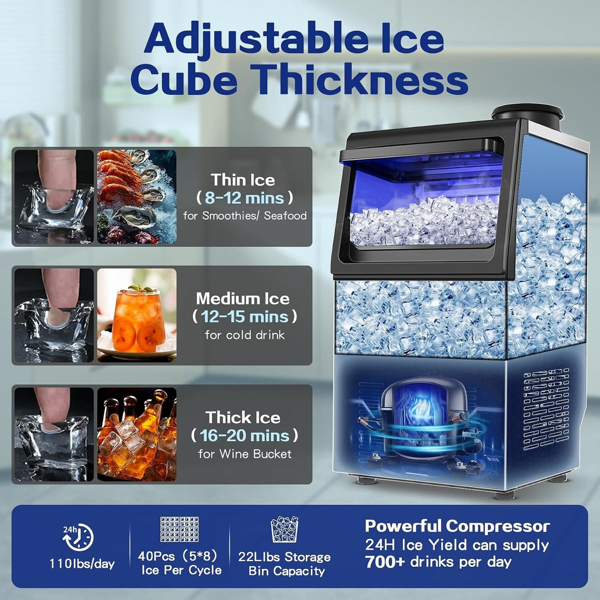 Amzgachfktch Commercial Ice Maker, 110lbs/24H Under Counter Ice Maker with 2 Wat