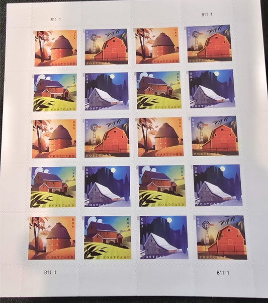 American Barns Pane of 20 Postcard Rate Forever Stamps