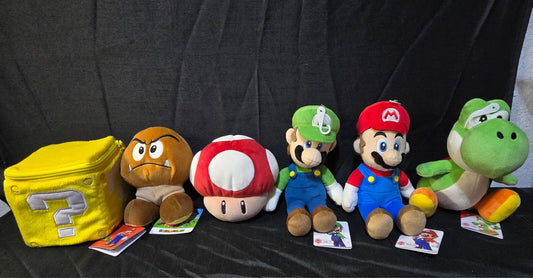 6 NINTENDO SUPER MARIO BROS PLUSHIES Mario, Luigi, Toad, Coinbox, Goomba, Yoshi