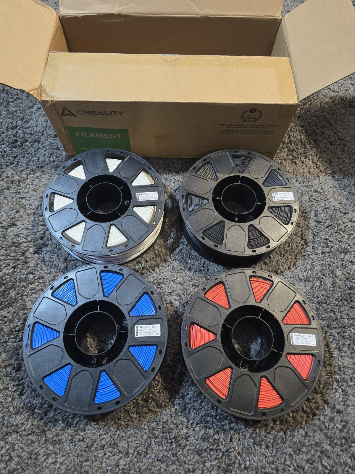 Creality PLA Filament 1.75mm 4 Pack White/Black/Blue/Red FDM Compatible