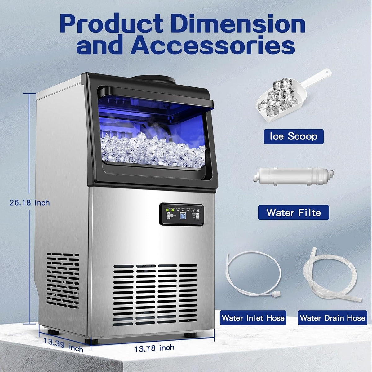 Amzgachfktch Commercial Ice Maker, 110lbs/24H Under Counter Ice Maker with 2 Wat