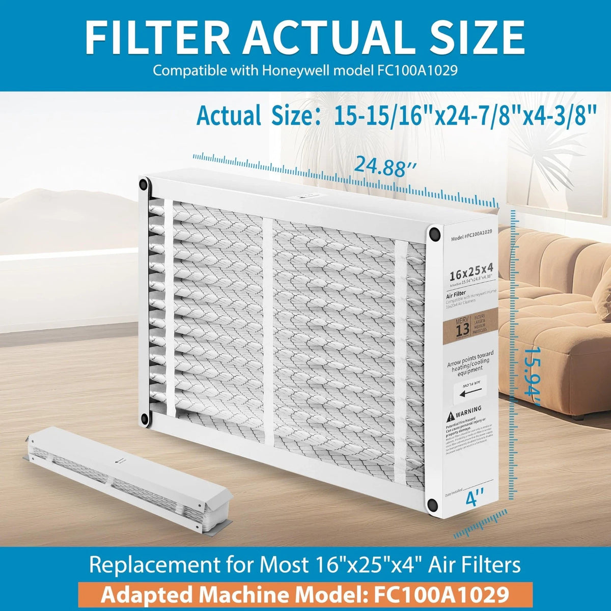 2 Pack 16x25x4 Pleated Furnace Filter - Replacement for Honeywell FC100A1029
