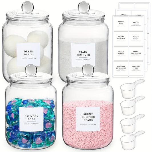 Durable & Versatile 4pcs Airtight Glass Storage Jars with Lids & Labels - Perfect for Laundry Detergent, Pods, Scent Booster Beads & More - Includes 4 Spoons, Organizer for Kitchen, Bathroom & Laundry Room, Canisters