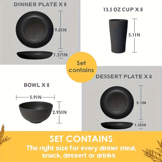 16/ 32pcs Black Kitchen Plastic Wheat Straw Dinnerware Set, Service for 4/ 8, Unbreakable Modern Dish Set - Dinner Plate/ Dessert Plate/ Cereal Bowl/ Cup, Dishwasher and microwave safe, lightweight tableware, perfect for camp