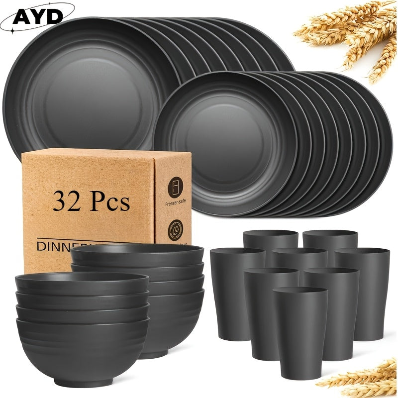 16/ 32pcs Black Kitchen Plastic Wheat Straw Dinnerware Set, Service for 4/ 8, Unbreakable Modern Dish Set - Dinner Plate/ Dessert Plate/ Cereal Bowl/ Cup, Dishwasher and microwave safe, lightweight tableware, perfect for camp