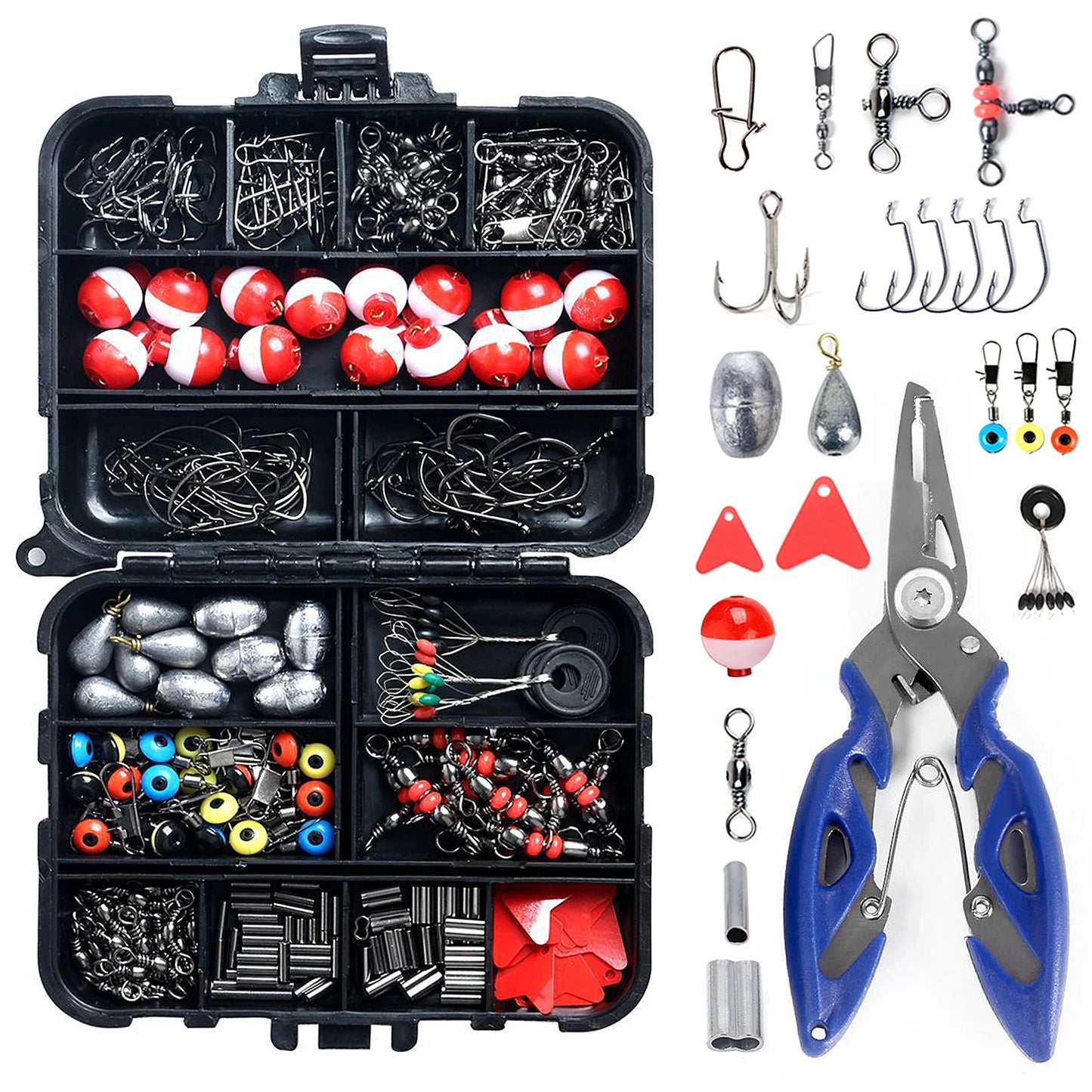 Fishing Plier Fishing Accessories Set with Tackle Box Including Plier Jig Hooks Sinker Weight Swivels Snaps Sinker Slides