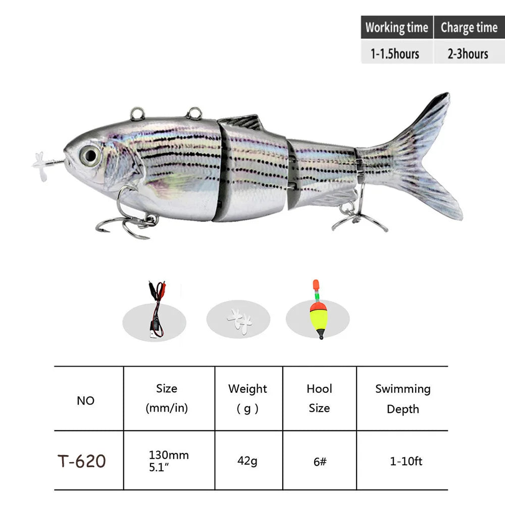  Auto Electric Robotic USB Rechargeable Swimming Lure Wobblers For Fishing 4-Segement Crankbait  Flashing LED light Twitching