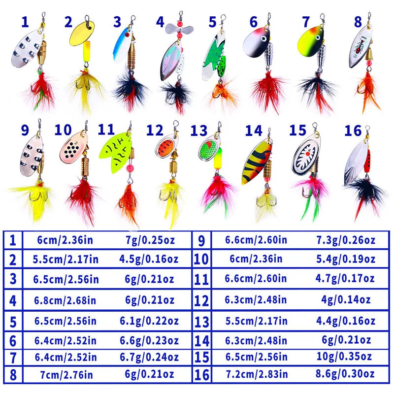 16PCS Fake Bait Spinner Lures Metal Bait Fishing Lure Spinnerbait Bass Trout Salmon Hard Metal Spinner Baits Kit With Tackle