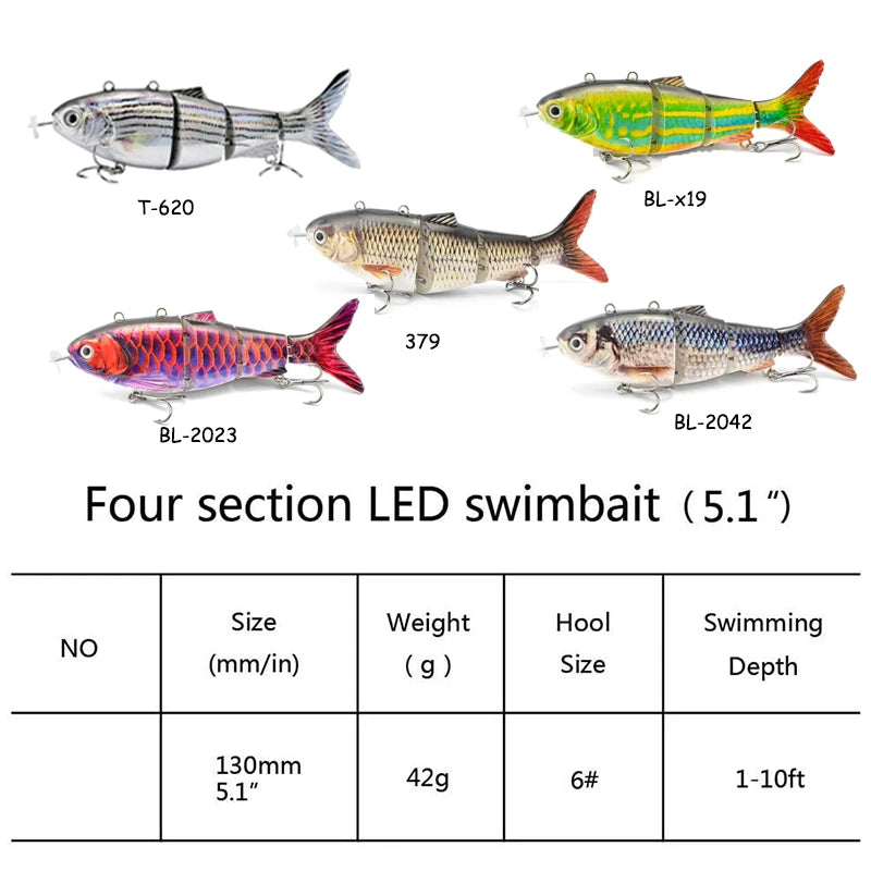  Auto Electric Robotic USB Rechargeable Swimming Lure Wobblers For Fishing 4-Segement Crankbait  Flashing LED light Twitching