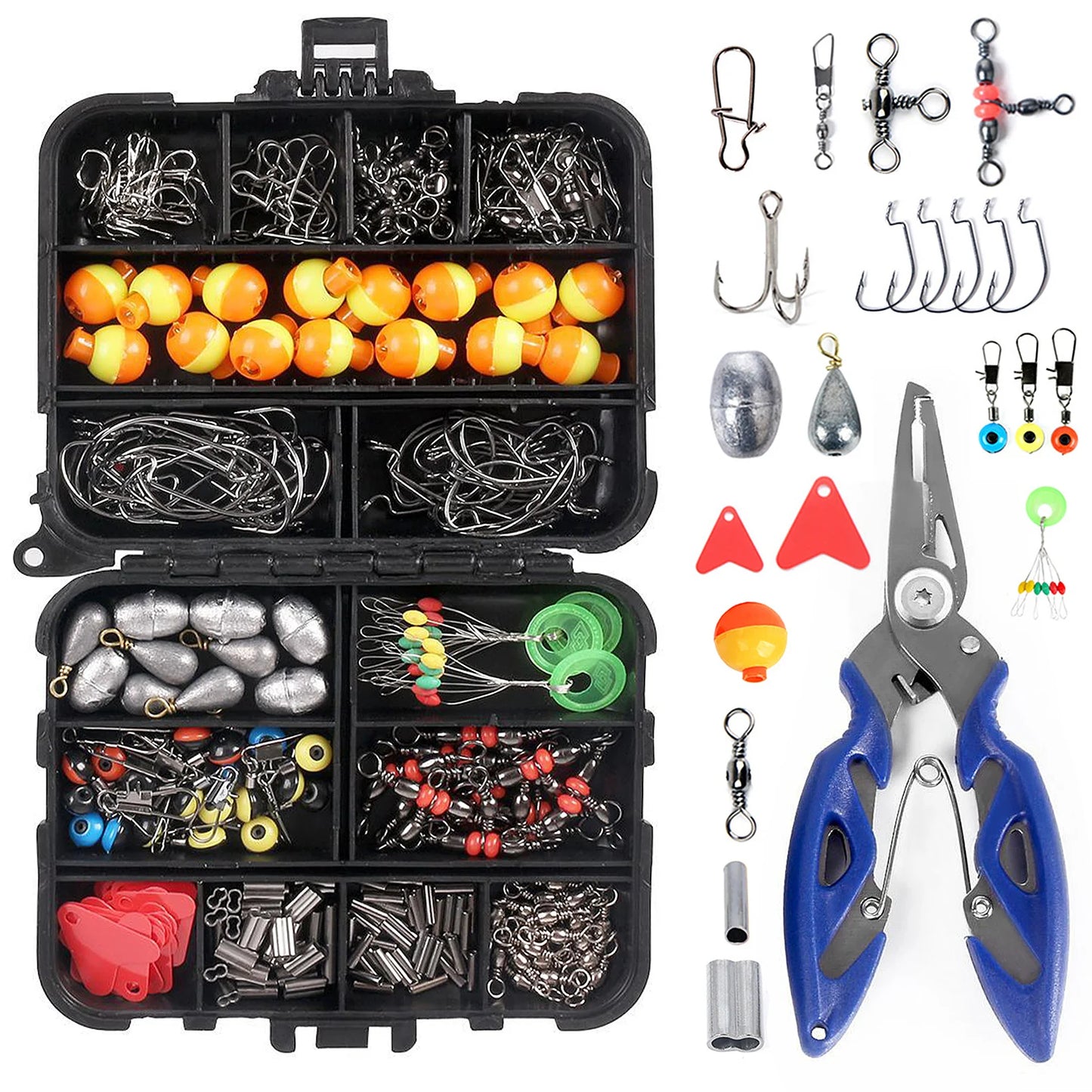 Fishing Plier Fishing Accessories Set with Tackle Box Including Plier Jig Hooks Sinker Weight Swivels Snaps Sinker Slides