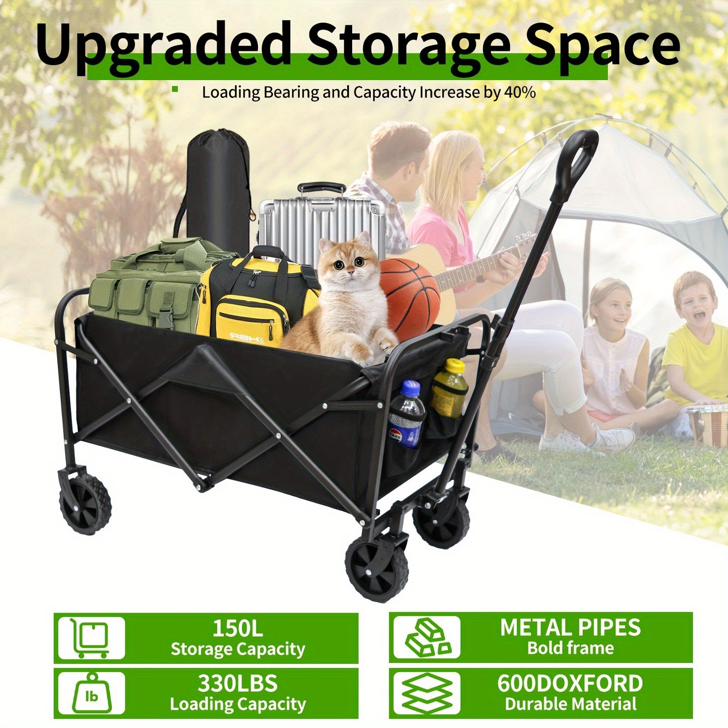 Collapsible Foldable Wagon Cart, Heavy Duty Utility Garden Cart With All-Terrain Wheels For Beach, Lawn, Sports, Camping