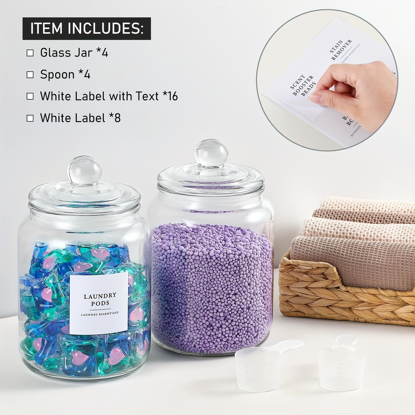 Durable & Versatile 4pcs Airtight Glass Storage Jars with Lids & Labels - Perfect for Laundry Detergent, Pods, Scent Booster Beads & More - Includes 4 Spoons, Organizer for Kitchen, Bathroom & Laundry Room, Canisters