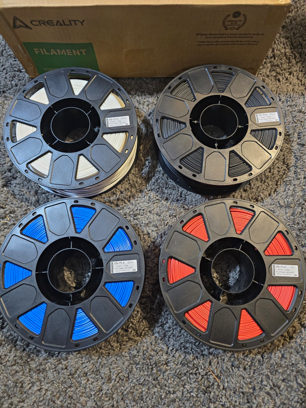 Creality PLA Filament 1.75mm 4 Pack White/Black/Blue/Red FDM Compatible