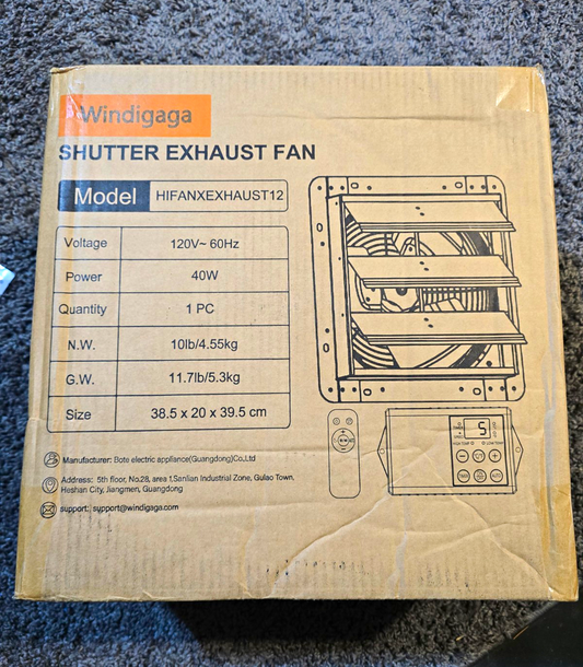 Windigaga 12in  Shutter Exhaust Fan Remote Thermostat Black